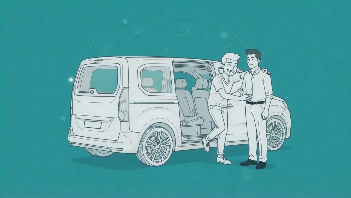 Transportdienstleister. Begleitung beim Einsteigen in den Transportvan, Line-Art auf türkisem Hintergrund.