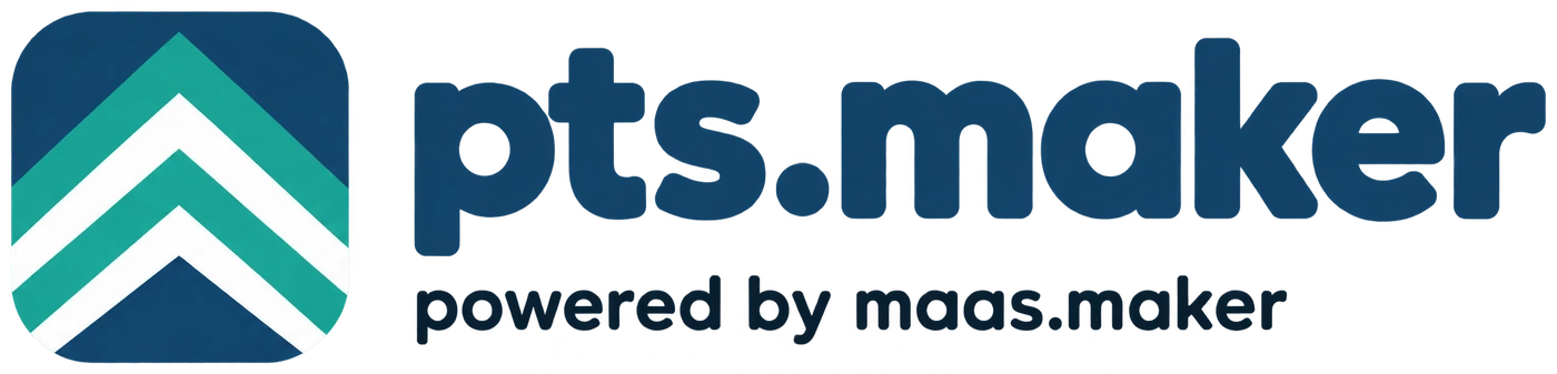 pts.maker Logo. Chevron-Marke in Healthcare Blue und Mobility Turquoise mit Wortmarke pts.maker, powered by maas.maker.